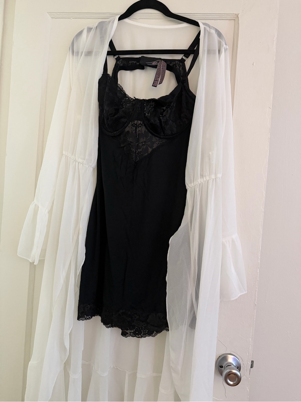 Black Lace Chemise Slip with Sheer Overlay - Women Intimates & Sleepwear